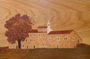 Bâtisse en pierre et son grand arbre, marqueterie réalisée sur commande